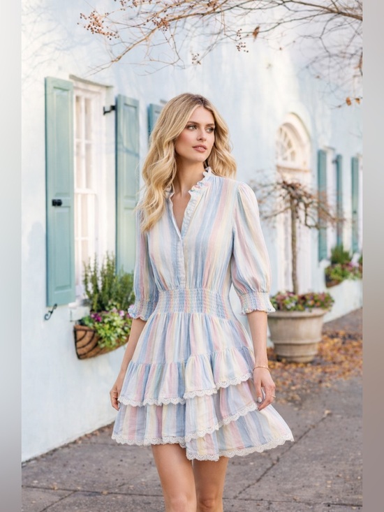 Dresses & Skirts - THE SHIRT Rochelle Behrens Brigitte Dress L Pastel Stripe Lace Trim Cotton